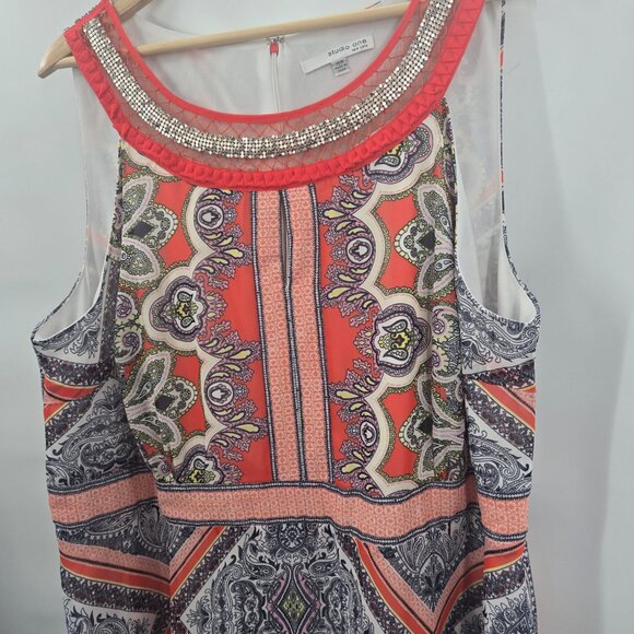 Studio One New York Bohemian Orange Gray Asymmetrical Hem Midi Dress Size 18W - Picture 2 of 9
